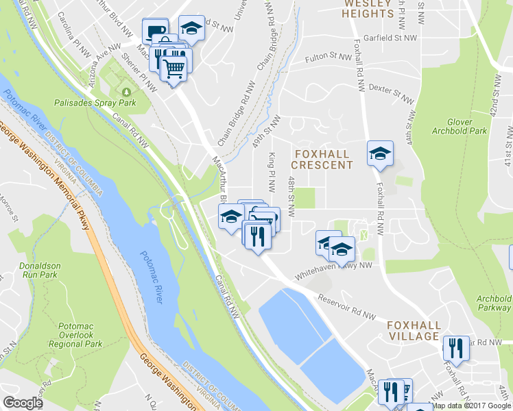 map of restaurants, bars, coffee shops, grocery stores, and more near 4849 W Street Northwest in Washington