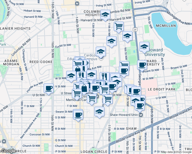 map of restaurants, bars, coffee shops, grocery stores, and more near 1231 W Street Northwest in Washington
