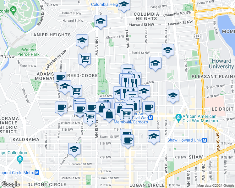 map of restaurants, bars, coffee shops, grocery stores, and more near 1441 W Street Northwest in Washington
