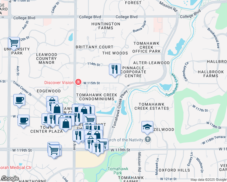 map of restaurants, bars, coffee shops, grocery stores, and more near 11605 Tomahawk Creek Parkway in Leawood