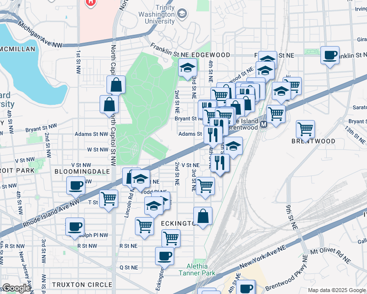 map of restaurants, bars, coffee shops, grocery stores, and more near 200 Rhode Island Avenue Northeast in Washington