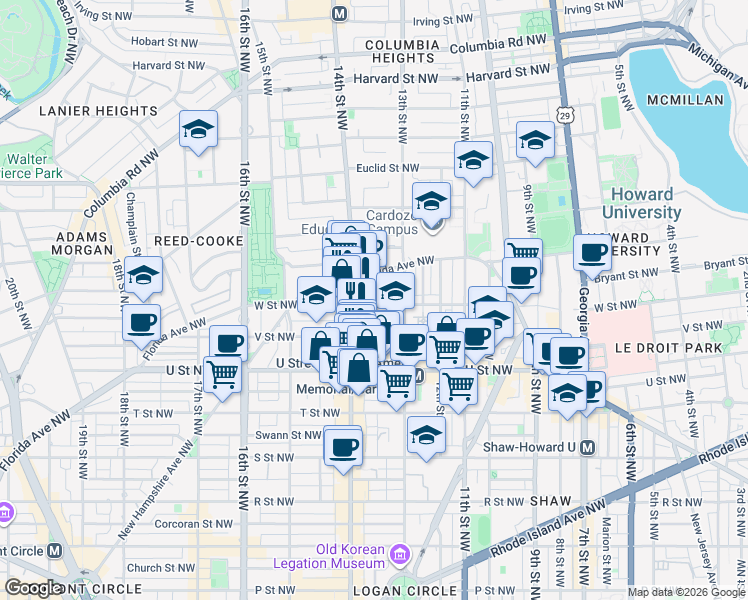 map of restaurants, bars, coffee shops, grocery stores, and more near 101 Independence Avenue Southeast in Washington