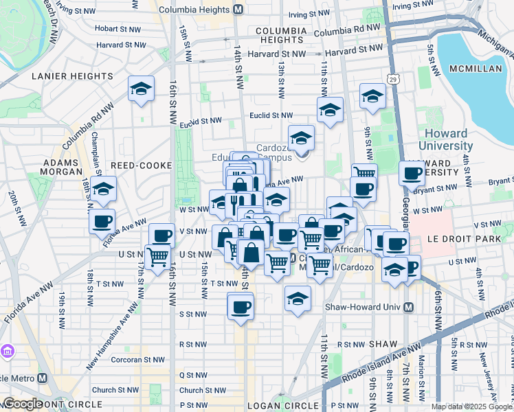 map of restaurants, bars, coffee shops, grocery stores, and more near 1325 W Street Northwest in Washington