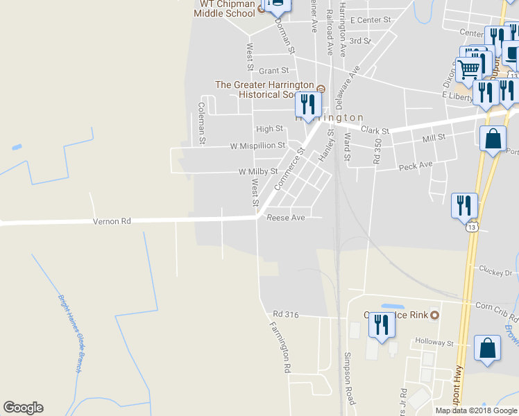 map of restaurants, bars, coffee shops, grocery stores, and more near 229 Commerce Street in Harrington