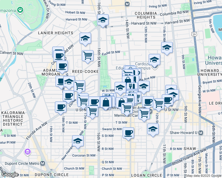 map of restaurants, bars, coffee shops, grocery stores, and more near 15th Street Northwest in Washington