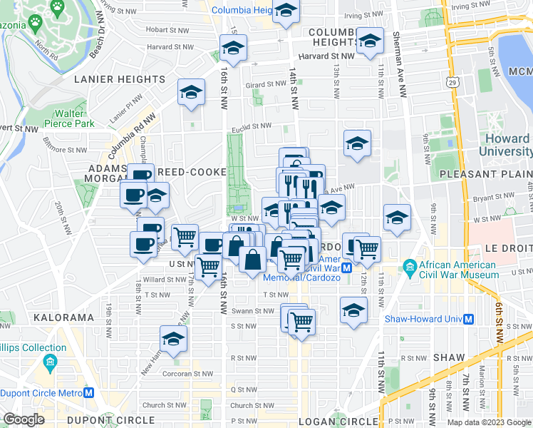 map of restaurants, bars, coffee shops, grocery stores, and more near 1453 W Street Northwest in Washington
