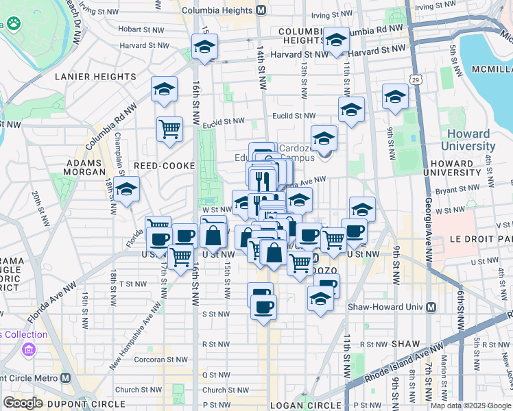 map of restaurants, bars, coffee shops, grocery stores, and more near 1407 W Street Northwest in Washington