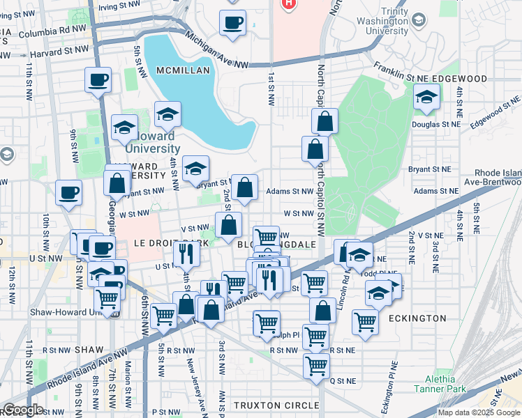 map of restaurants, bars, coffee shops, grocery stores, and more near 117 W Street Northwest in Washington