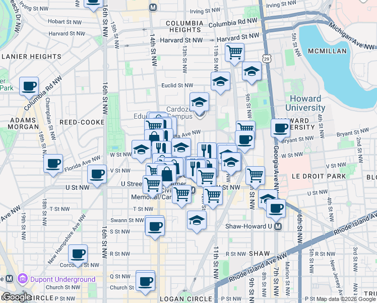 map of restaurants, bars, coffee shops, grocery stores, and more near 101 Independence Avenue Southeast in Washington