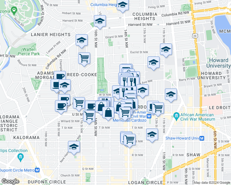 map of restaurants, bars, coffee shops, grocery stores, and more near 101 Independence Avenue Southeast in Washington