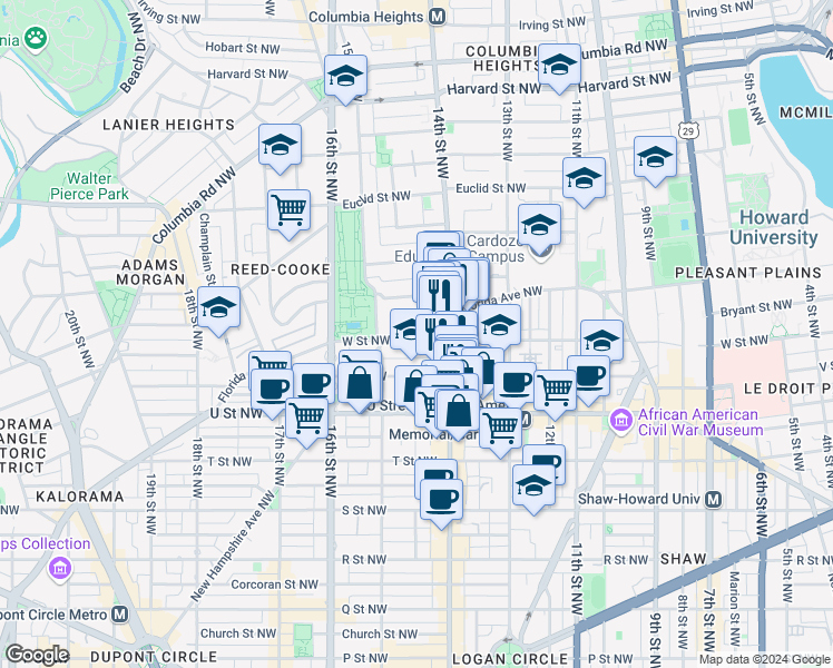 map of restaurants, bars, coffee shops, grocery stores, and more near 1429 W Street Northwest in Washington