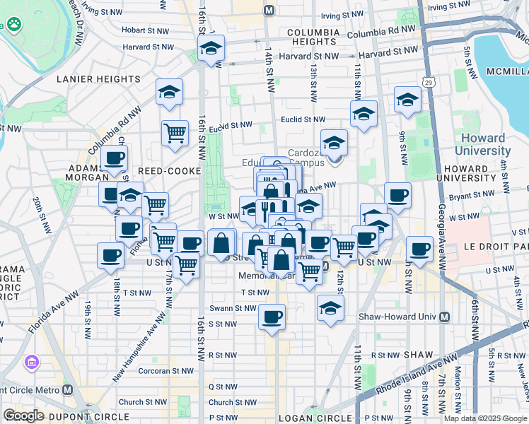 map of restaurants, bars, coffee shops, grocery stores, and more near 1407 W Street Northwest in Washington