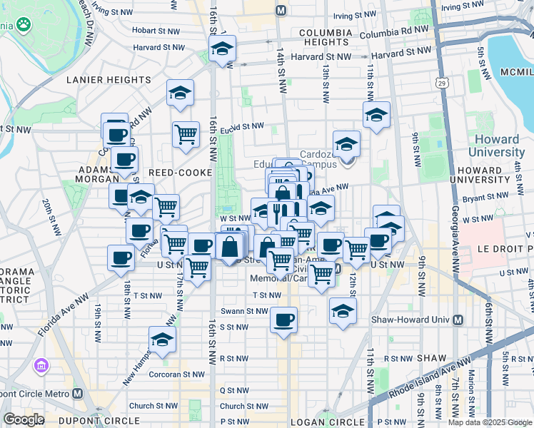 map of restaurants, bars, coffee shops, grocery stores, and more near 1429 W Street Northwest in Washington