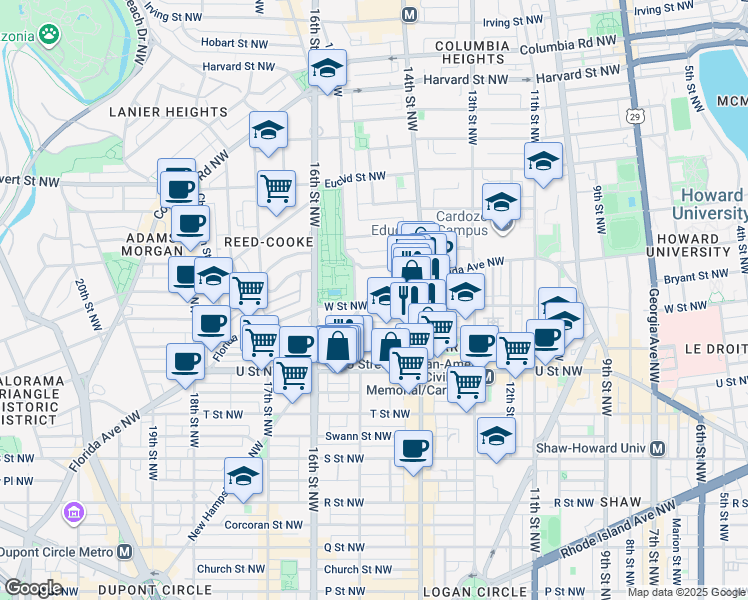 map of restaurants, bars, coffee shops, grocery stores, and more near 1453 W Street Northwest in Washington