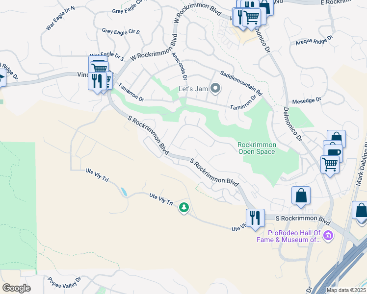 map of restaurants, bars, coffee shops, grocery stores, and more near 6015 Ursa Lane in Colorado Springs