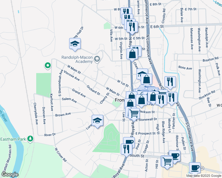 map of restaurants, bars, coffee shops, grocery stores, and more near 205 East Main Street in Front Royal
