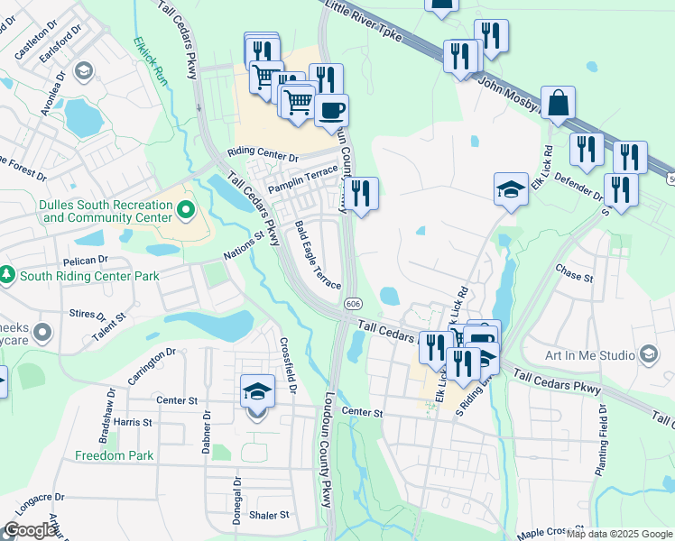 map of restaurants, bars, coffee shops, grocery stores, and more near 25304 Whippoorwill Terrace in South Riding
