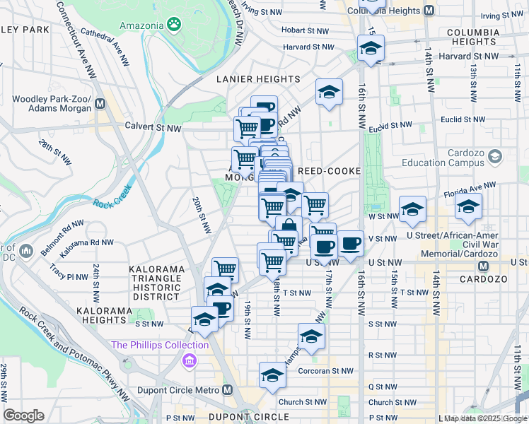 map of restaurants, bars, coffee shops, grocery stores, and more near 1818 Kalorama Road Northwest in Washington