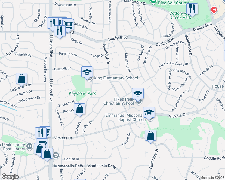 map of restaurants, bars, coffee shops, grocery stores, and more near 6050 Flintridge Drive in Colorado Springs