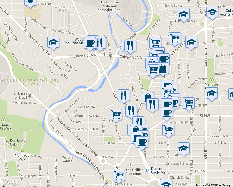 map of restaurants, bars, coffee shops, grocery stores, and more near 0 Washington Circle Northwest in Washington