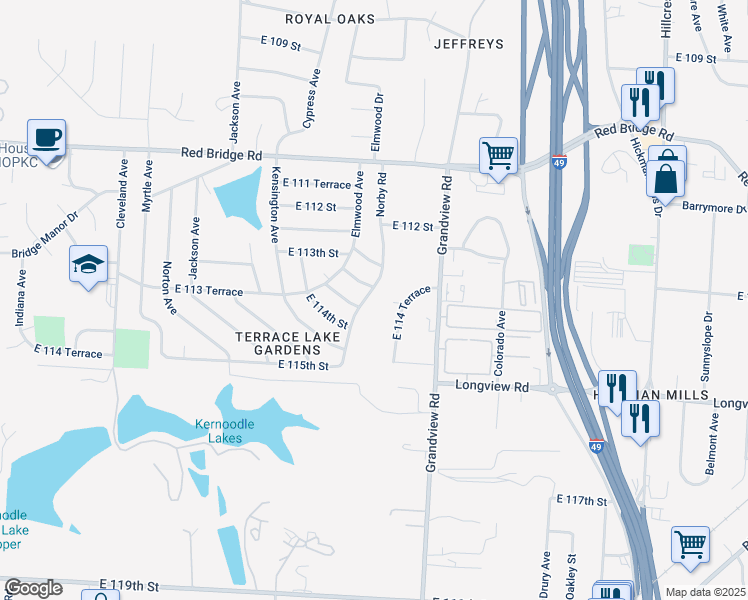 map of restaurants, bars, coffee shops, grocery stores, and more near 11313 Norby Road in Kansas City
