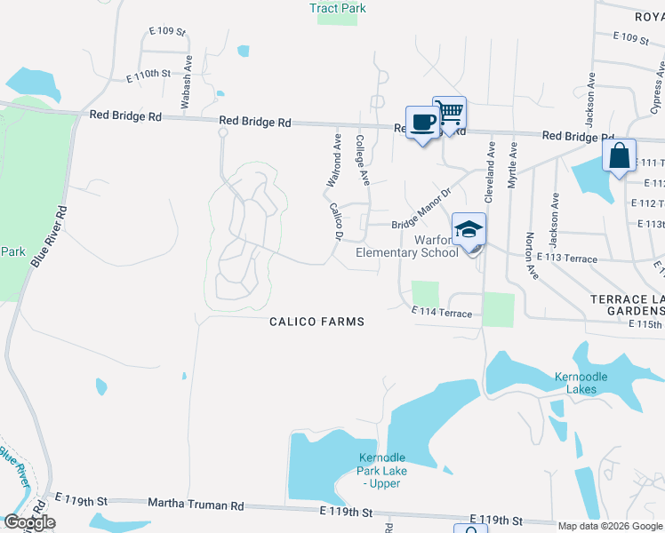 map of restaurants, bars, coffee shops, grocery stores, and more near 11311 Calico Drive in Kansas City