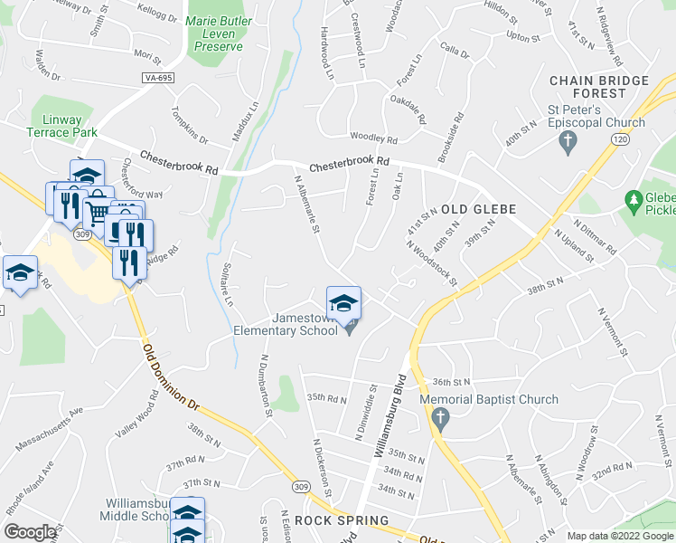 map of restaurants, bars, coffee shops, grocery stores, and more near N Albemarle St & Forest Ln in McLean