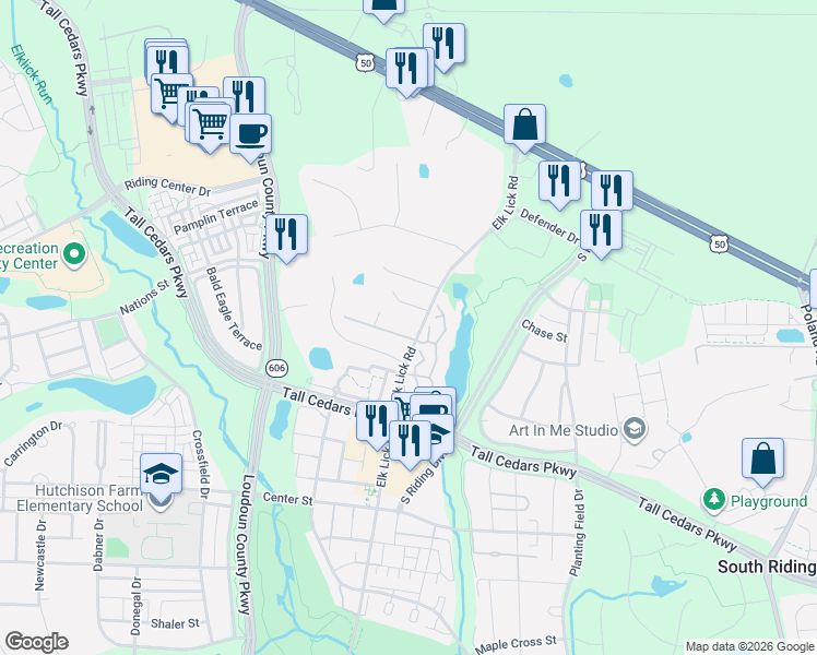 map of restaurants, bars, coffee shops, grocery stores, and more near 43072 Walnutgrove Lane in South Riding