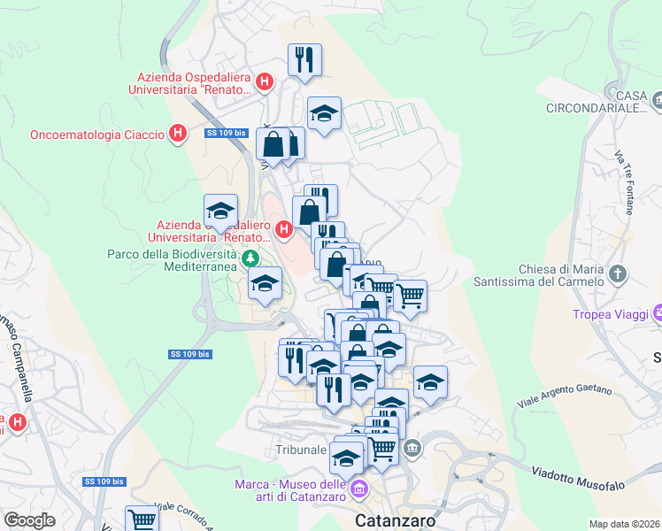 map of restaurants, bars, coffee shops, grocery stores, and more near 18 Strada St. 18 in Catanzaro