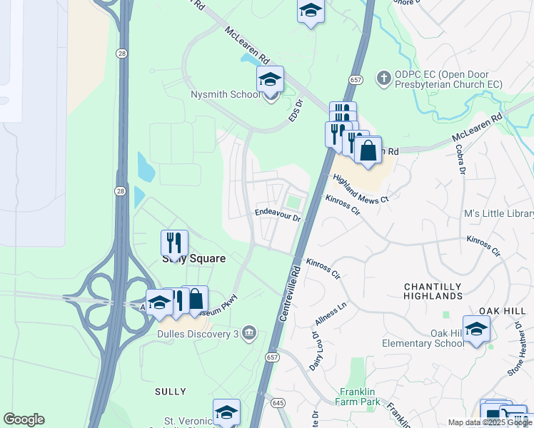 map of restaurants, bars, coffee shops, grocery stores, and more near 13721 Air and Space Museum Parkway in Herndon