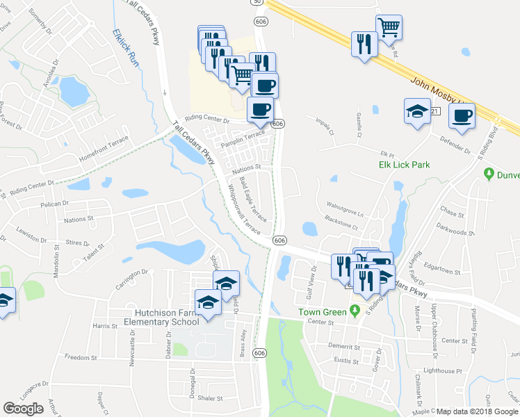map of restaurants, bars, coffee shops, grocery stores, and more near 25228 Larks Terrace in Chantilly