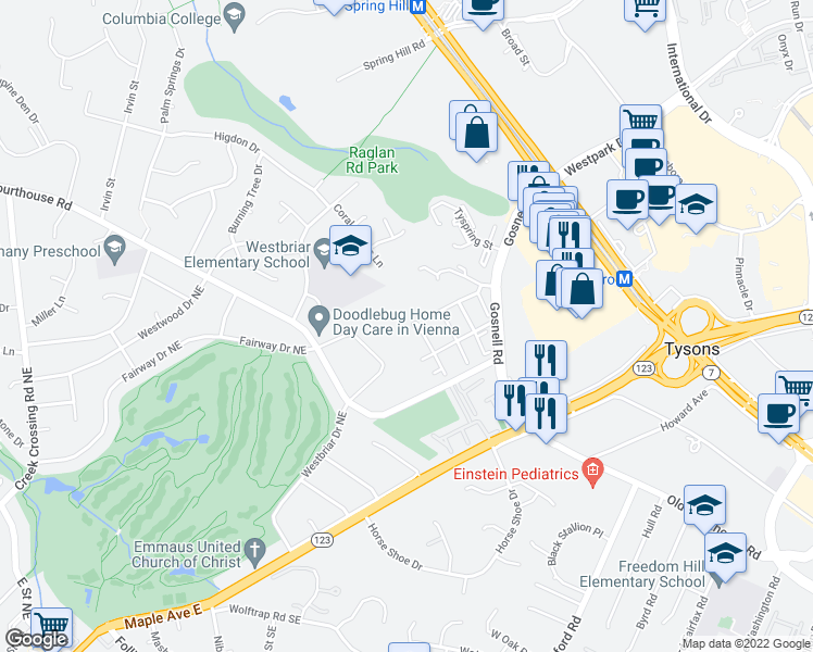 map of restaurants, bars, coffee shops, grocery stores, and more near 1862 Amberwood Manor Court in Vienna