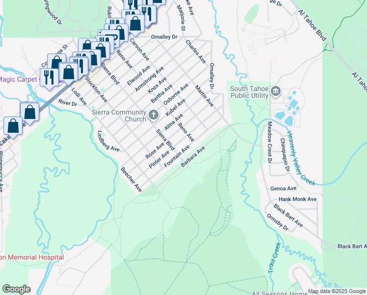 map of restaurants, bars, coffee shops, grocery stores, and more near 2571 Fountain Avenue in South Lake Tahoe