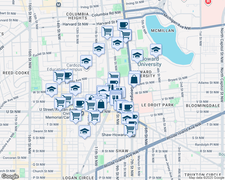 map of restaurants, bars, coffee shops, grocery stores, and more near 965 Florida Avenue Northwest in Washington