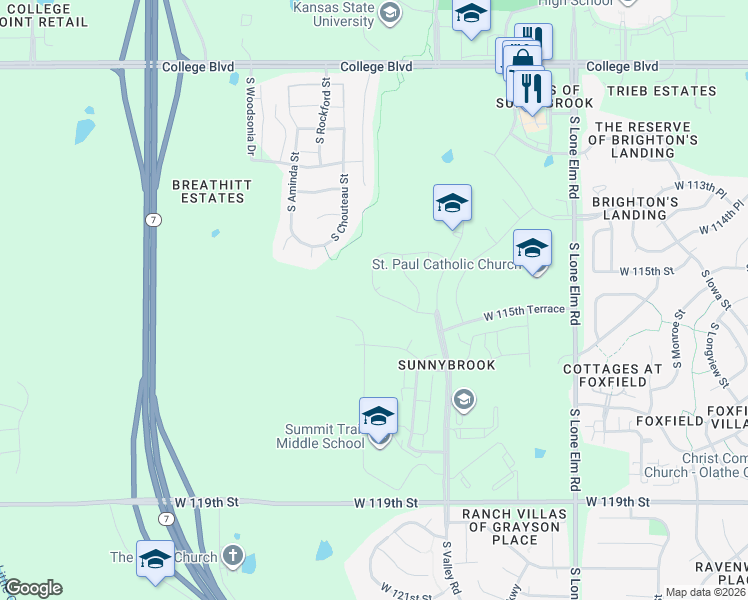 map of restaurants, bars, coffee shops, grocery stores, and more near 11538 South Montclaire Drive in Olathe