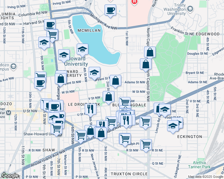 map of restaurants, bars, coffee shops, grocery stores, and more near 149 W Street Northwest in Washington