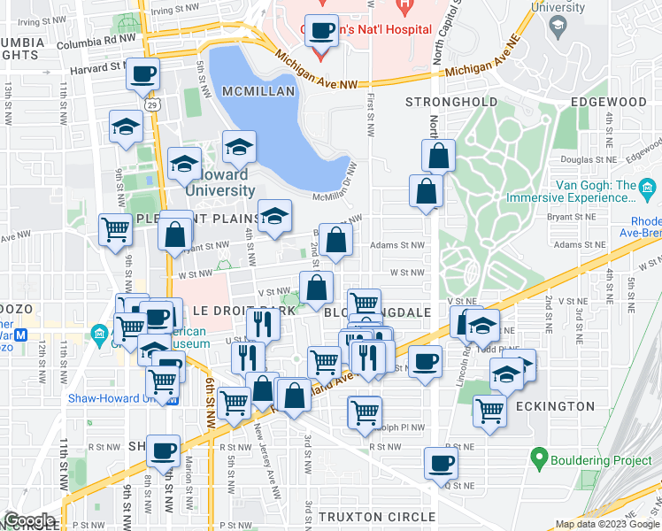 map of restaurants, bars, coffee shops, grocery stores, and more near 143 W Street Northwest in Washington