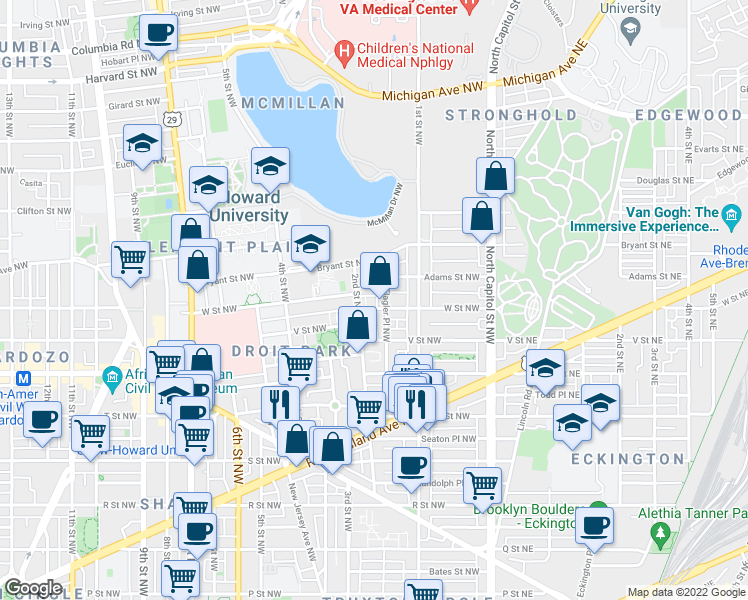 map of restaurants, bars, coffee shops, grocery stores, and more near 143 W Street Northwest in Washington