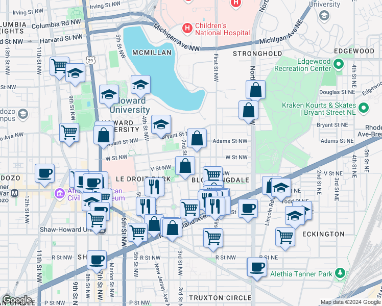 map of restaurants, bars, coffee shops, grocery stores, and more near 149 W Street Northwest in Washington
