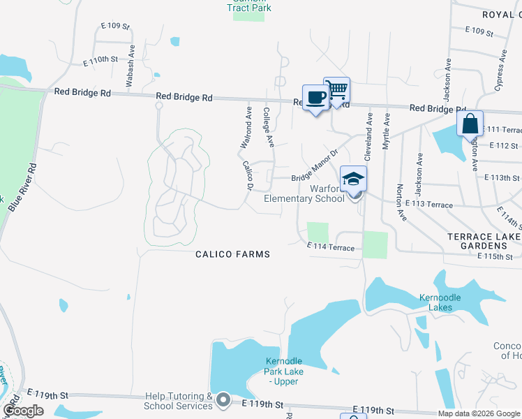 map of restaurants, bars, coffee shops, grocery stores, and more near 11337 Calico Drive in Kansas City
