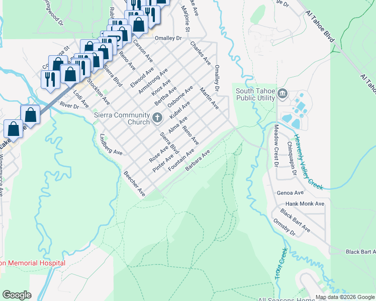 map of restaurants, bars, coffee shops, grocery stores, and more near 2571 Fountain Avenue in South Lake Tahoe