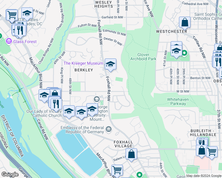 map of restaurants, bars, coffee shops, grocery stores, and more near 2207 Foxhall Road Northwest in Washington