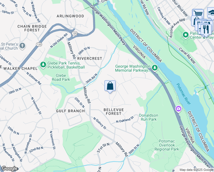 map of restaurants, bars, coffee shops, grocery stores, and more near 3607 North Peary Street in Arlington