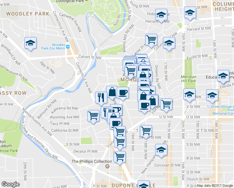 map of restaurants, bars, coffee shops, grocery stores, and more near 1915 Kalorama Road Northwest in Washington
