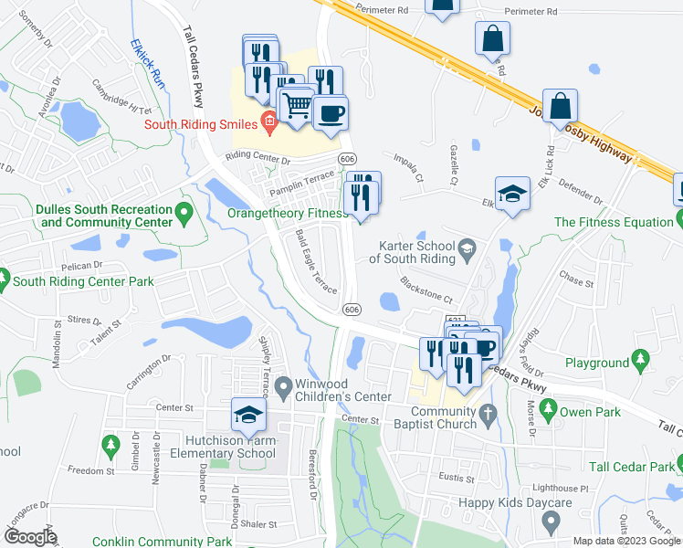 map of restaurants, bars, coffee shops, grocery stores, and more near 25306 Whippoorwill Terrace in Chantilly