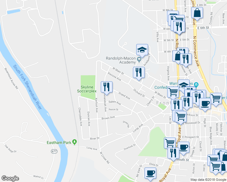 map of restaurants, bars, coffee shops, grocery stores, and more near 309 Skyline Place in Front Royal