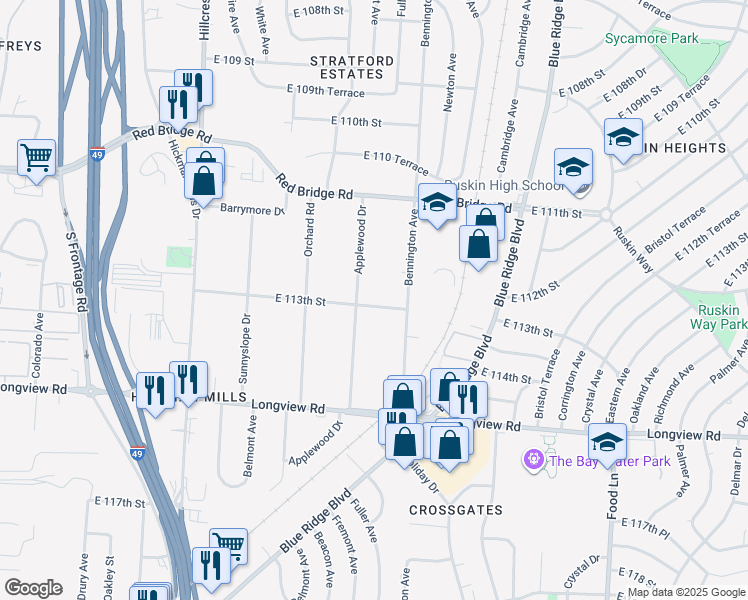 map of restaurants, bars, coffee shops, grocery stores, and more near 6406 East 113th Street in Kansas City
