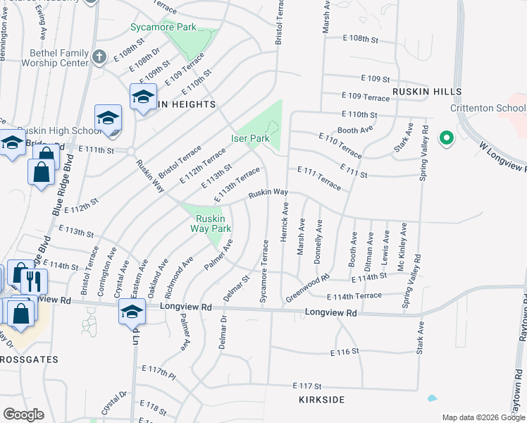 map of restaurants, bars, coffee shops, grocery stores, and more near 11338 Sycamore Terrace in Kansas City