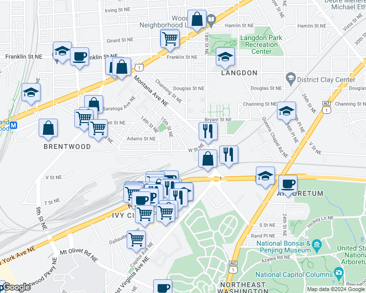map of restaurants, bars, coffee shops, grocery stores, and more near 2206 16th Street Northeast in Washington
