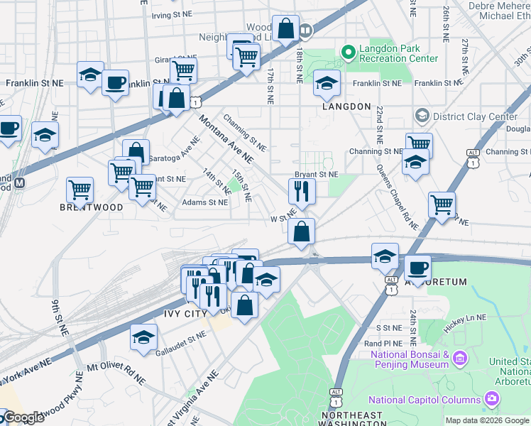map of restaurants, bars, coffee shops, grocery stores, and more near 101 Independence Avenue Southeast in Washington